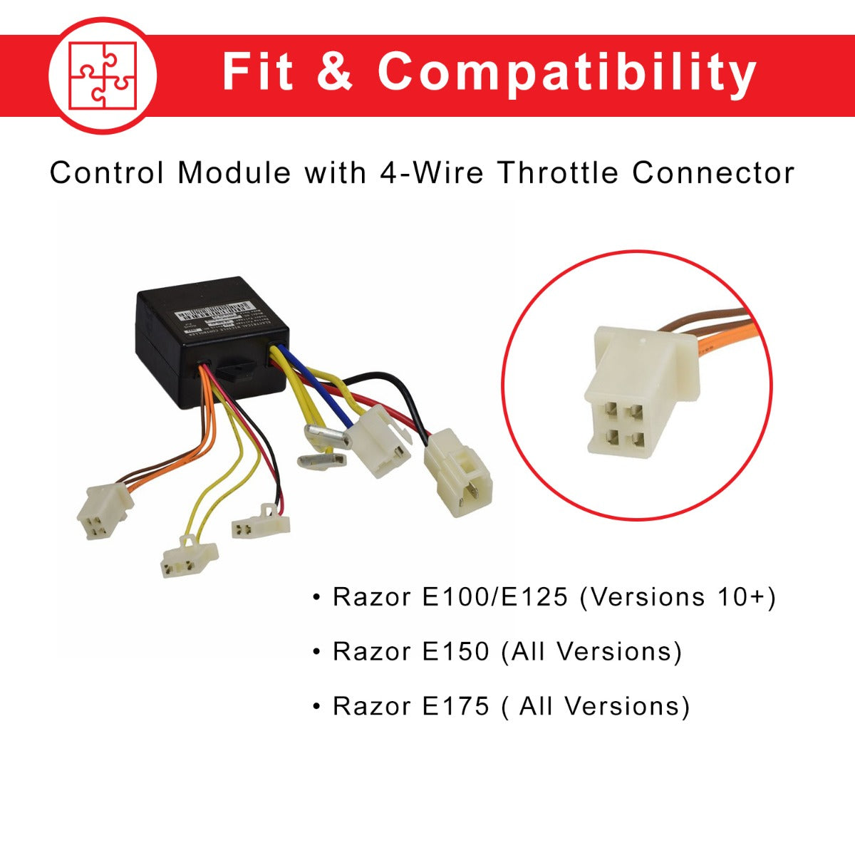 Close-up of the Control Module with 4-Wire Throttle Connector for Razor E175, All Versions, showcasing colorful wires and connectors.