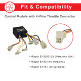 Close-up of the Control Module with 4-Wire Throttle Connector for Razor E175, All Versions, showcasing colorful wires and connectors.