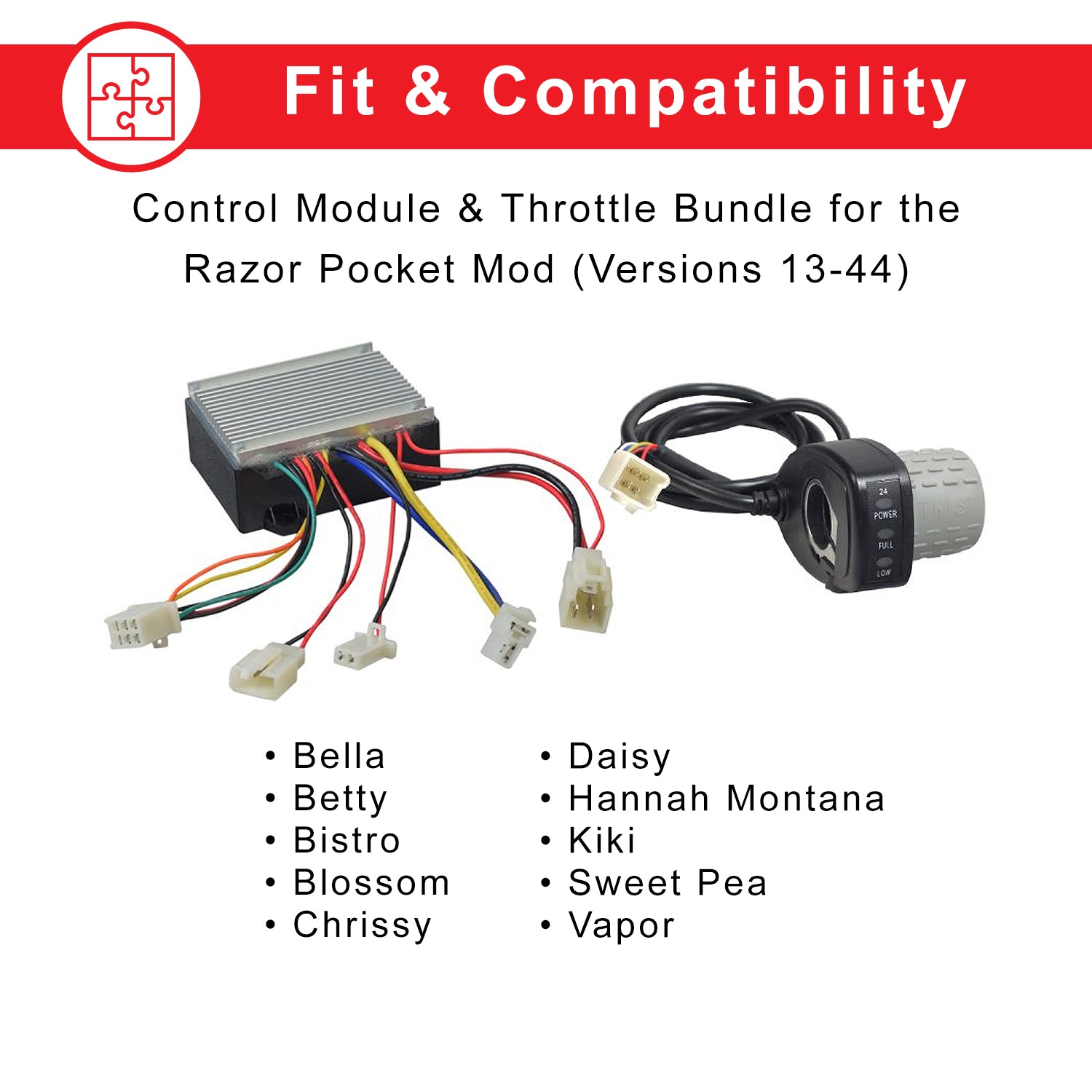 Close-up of Razor Pocket Mod (Versions 1-7) 201C6-3A / HB2430TYD-FS Razor 6-Wire Throttle & Controller Bundle, showing the device with visible cables and connectors.