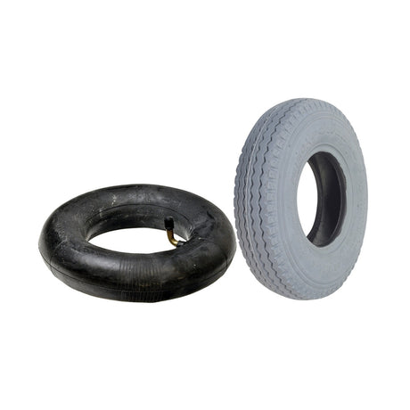 2.80/2.50-4 (9x3) Mobility Tire and Inner Tube Set with Power Edge Sawtooth Tread, showing close-up of the black rubber tire and inner tube with bent valve stem for mobility scooters.