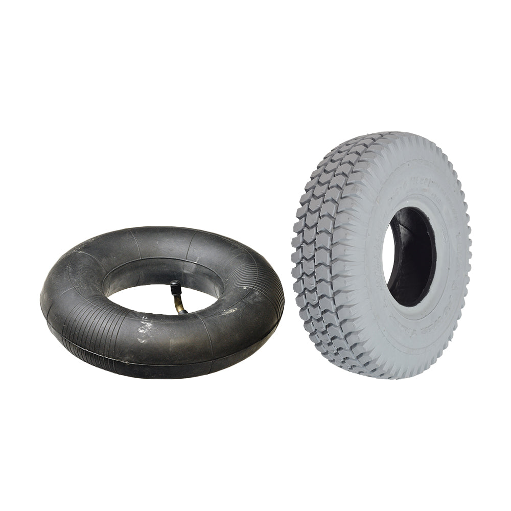 3.00-4 (10x3) Mobility Tire and Inner Tube Set with Knobby Tread, showing two black rubber tires with visible treads and an angled valve stem for inner tube.