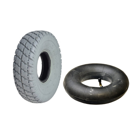 3.00-4 (10x3) Mobility Tire and Inner Tube Set with Durotrap Tread, showcasing a close-up of the black rubber tire and inner tube with an angled valve stem.