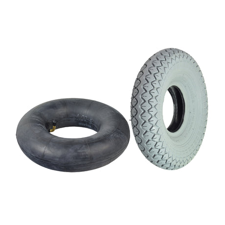 4.00-5 (13x4, 330x100) Mobility Tire and Inner Tube Set with Diamond Knobby Tread, featuring a black tire and inner tube with valve, ideal for mobility scooters and power chairs.