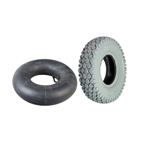 4.10x3.50-5 Mobility Tire and Tube Set with Nimble Knobby Tread, featuring a pair of rubber tires with a knobby tread pattern and an inner tube attached with a 90-degree stem.