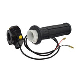 Gas Scooter Parts: Scooter Hand Throttle showing a black handlebar with wires, a close-up of a black handle, and a yellow button on a black box, including a kill switch.