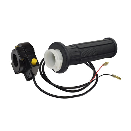 Gas Scooter Hand Throttle featuring a black handle, visible wires, and a yellow button on a black box, designed for gas scooters, pocket bikes, and mini choppers. Includes handlebar grip and kill switch.