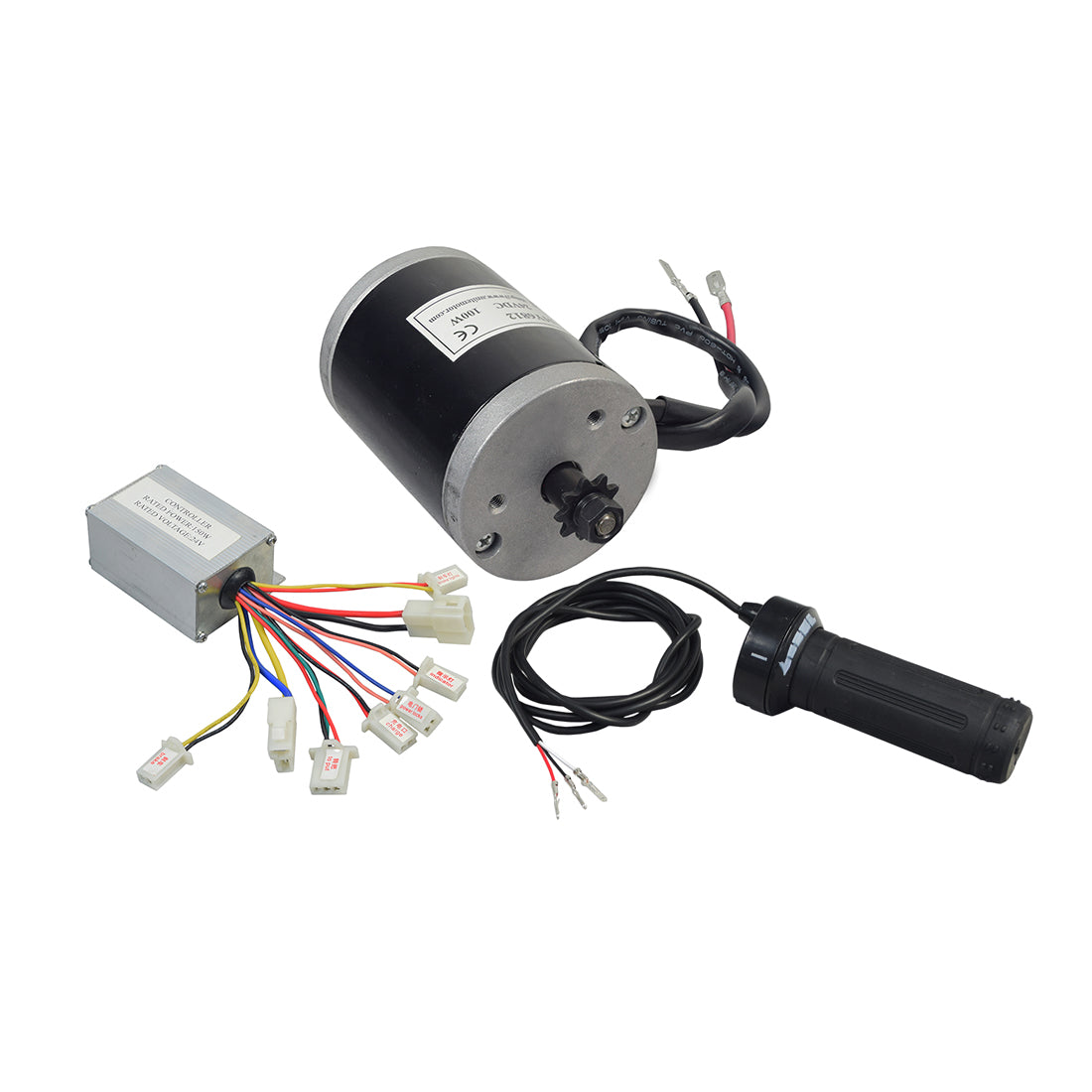 24 Volt 100 Watt Motor, Controller, and Throttle Kit with chain sprocket, showing a black and silver electric motor with attached wires and a handle for electric scooters and bikes.