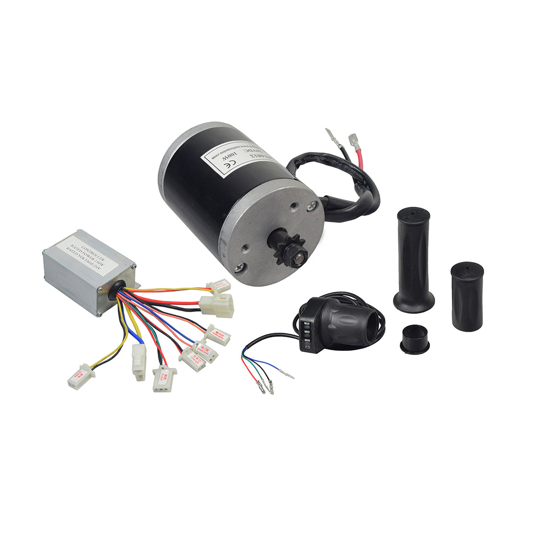 24 Volt 100 Watt Motor, Controller, and Throttle Kit featuring a black and silver electric motor with attached wires, a chain sprocket, and a three-wire hand throttle for electric scooters.