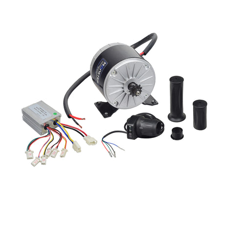 24 Volt 300 Watt Motor, Controller, & Throttle Kit showing a close-up of the motor with wires and cables, including the hand throttle and speed controller.