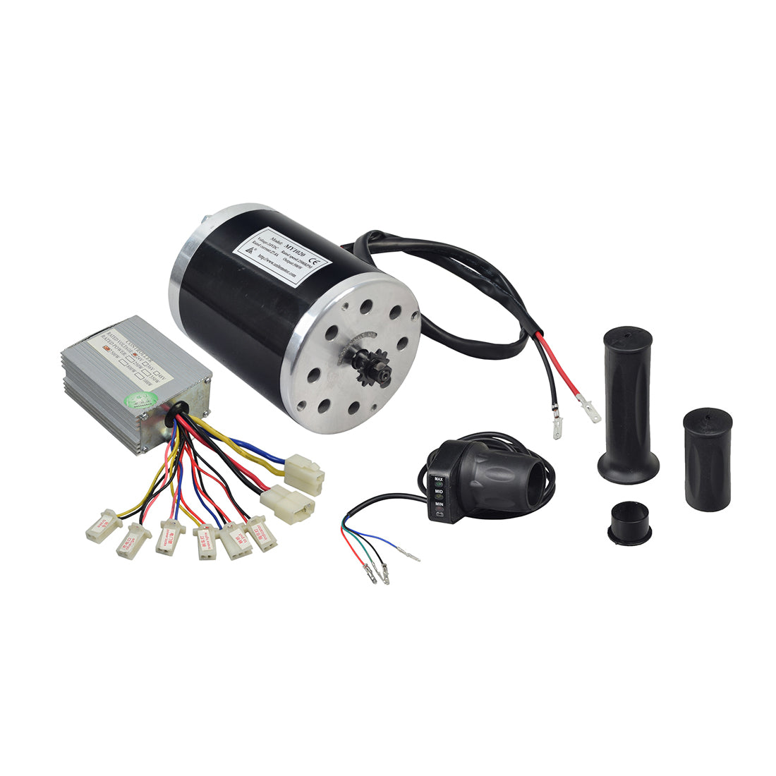 24 Volt 500 Watt Motor, Controller, & Throttle Kit for Electric Scooters, Bikes, & Go-Karts, featuring a black and silver motor with wires, a hand throttle, and a speed controller.