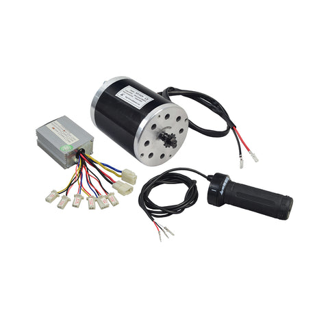 24 Volt 500 Watt Motor, Controller, & Throttle Kit for Electric Scooters, Bikes, & Go-Karts showing a black and silver electric motor with wires and a handle.