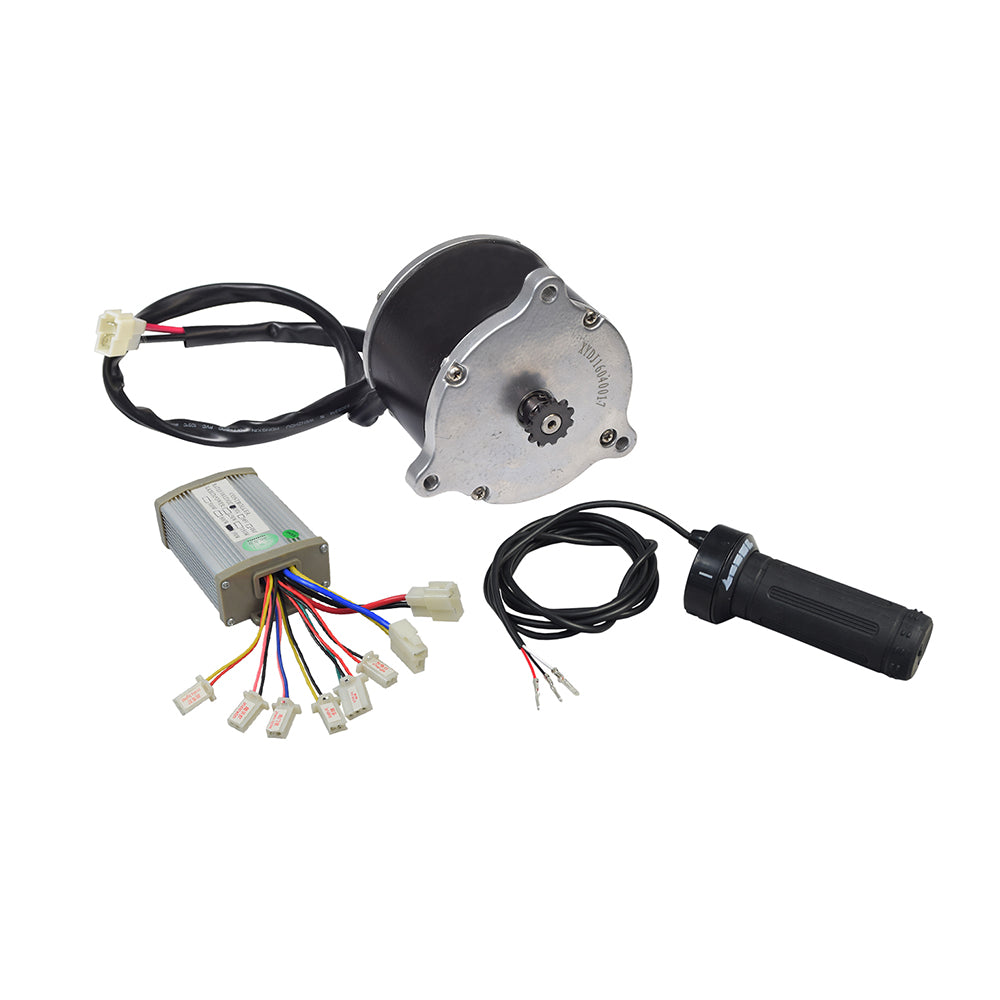 24 Volt 900 Watt Motor, Controller, & Throttle Kit with visible wires, motor, and handle parts, ideal for electric scooters, custom bicycles, and go-karts.