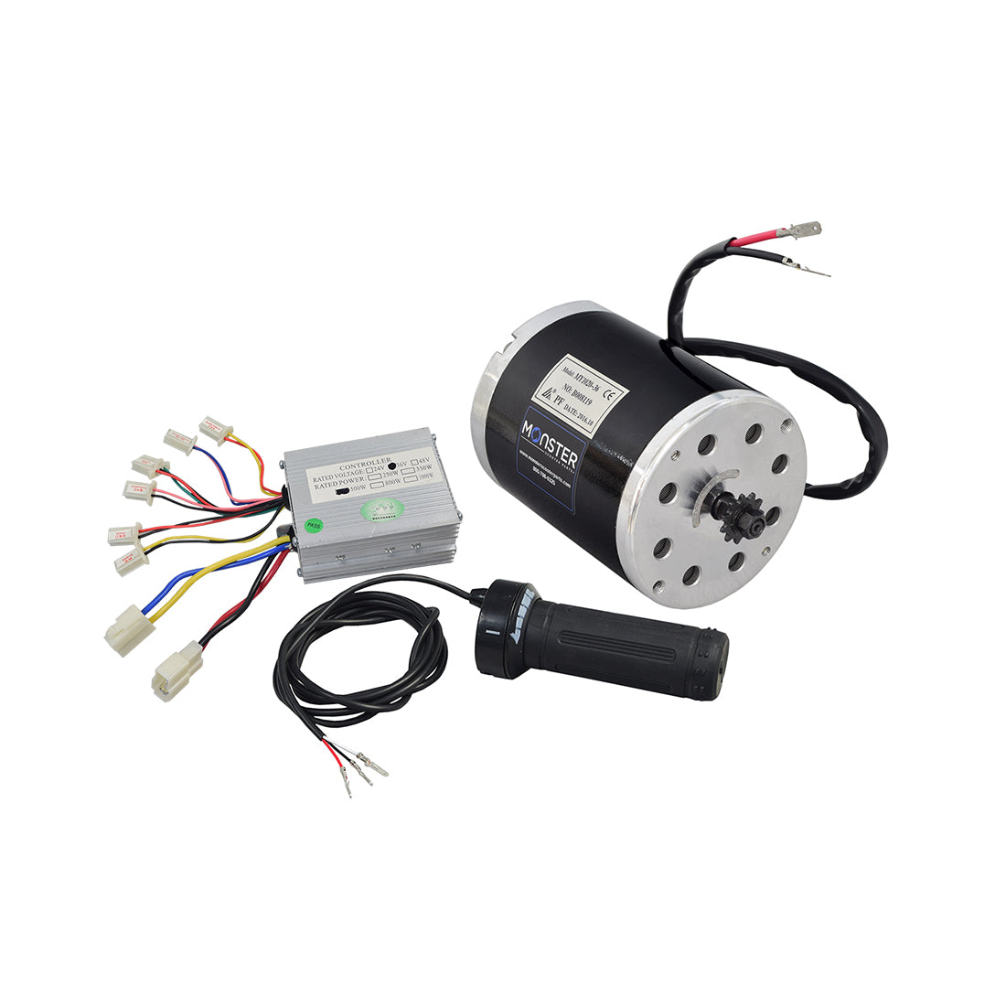 36 Volt 500 Watt Motor, Controller, & Throttle Kit for Scooters featuring a black motor with wires, handle, and controller, essential for electric scooters like Minimoto, Razor, and X-Treme models.