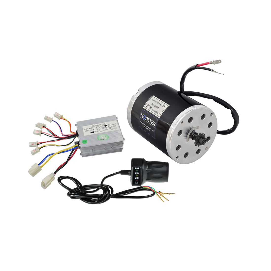 36 Volt 500 Watt Motor, Controller, & Throttle Kit for Scooters, featuring a compact electric motor with connected wires and control box, suitable for various branded and generic electric scooters.