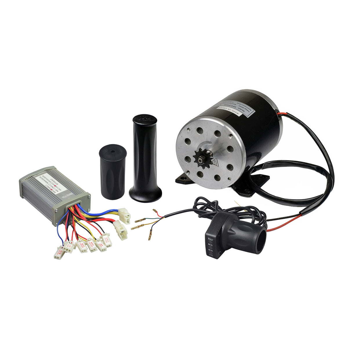 36 Volt 1000 Watt Motor, Controller, & Throttle Kit for Scooters, Bikes, & Go-Karts featuring a close-up of the black and silver electric motor with attached wires and mounting bracket.