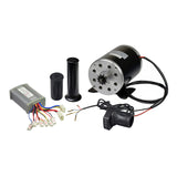 36 Volt 1000 Watt Motor, Controller, & Throttle Kit for Scooters, Bikes, & Go-Karts featuring a close-up of the black and silver electric motor with attached wires and mounting bracket.