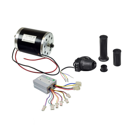 48 Volt 500 Watt Motor, Controller, & Throttle Kit for scooters & bikes, featuring an electric motor with wires, a power supply, and hand throttle components visible.