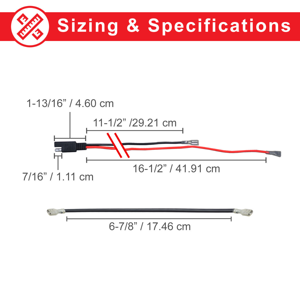 Diagram of 24 Volt Battery Wiring Harness Kit for Schwinn, GT, IZIP, eZip, & Mongoose Scooters, showing wire sizes, measurements, and standard 2-prong power connector for 12 volt batteries in series.