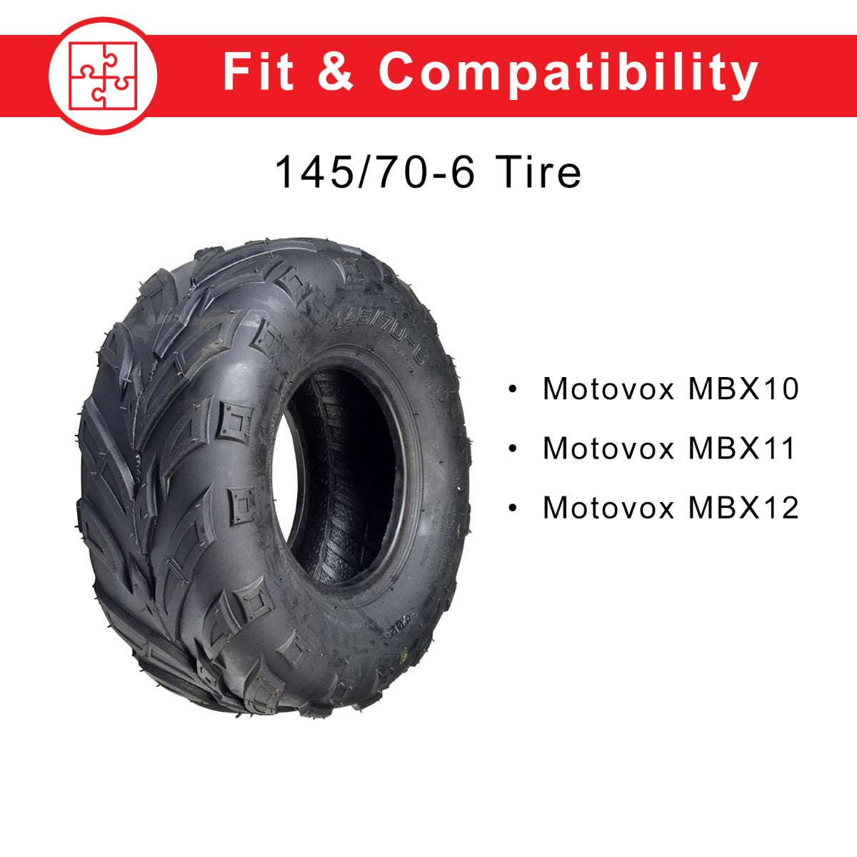 145/70-6 Tire for Motovox MBX10, MBX11, & MBX12 Mini Bikes featuring an aggressive KF907 V-tread pattern, designed for both front or rear use on 6 rims.