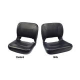 Universal Seat Assembly for Mobility Scooters, featuring a black vinyl cushion with a backrest and an enclosed pouch, shown on a white background.