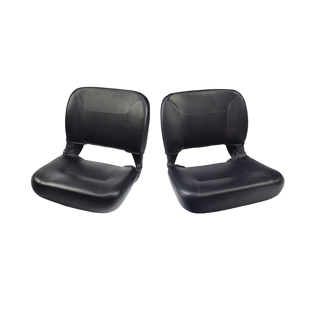 Universal Seat Assembly for Mobility Scooters: A pair of black vinyl-upholstered seats with backrests, featuring a textured finish and enclosed pouches, shown on a white background.