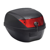 Universal Top Case Scooter Trunk, matte black with a red rear reflector, featuring a secure locking mechanism and key, designed for extra storage on scooters with a rear rack.