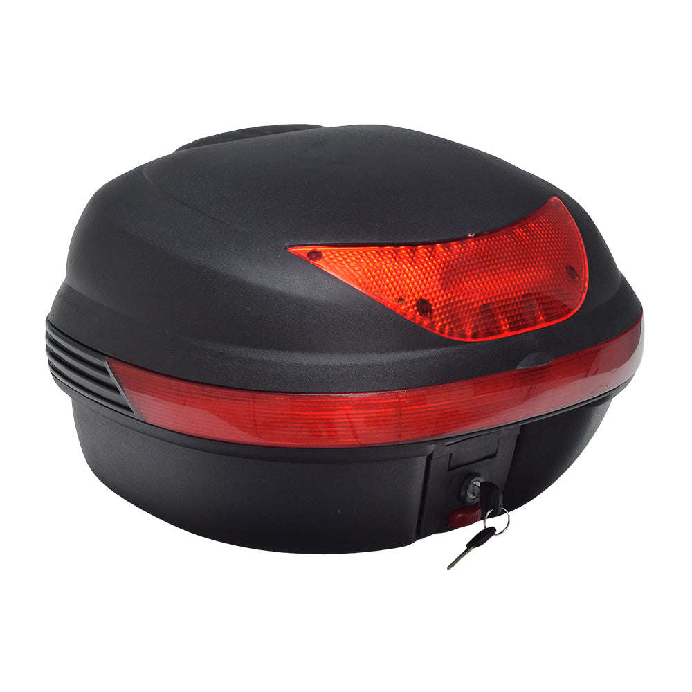 Universal Top Case Scooter Trunk with a matte black finish, featuring a red rear-facing reflector, secure lock, and key. Ideal for carrying extra items on your scooter.