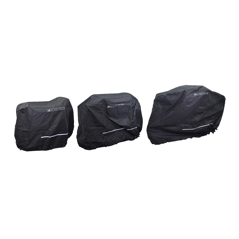 Heavy Duty Weatherproof Cover for Mobility Scooters shown on multiple scooters, highlighting its protective, durable 600D polyester material and snug fit for various scooter sizes.