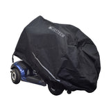 Heavy Duty Weatherproof Cover for Mobility Scooters, showing a blue scooter enveloped in a durable black cover, designed to protect against dust, rain, and snow during storage or transport.