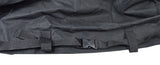 Heavy Duty Weatherproof Cover for Mobility Scooters showing a black strap on durable black fabric with a visible zipper, emphasizing its robust construction for protecting scooters from weather elements.