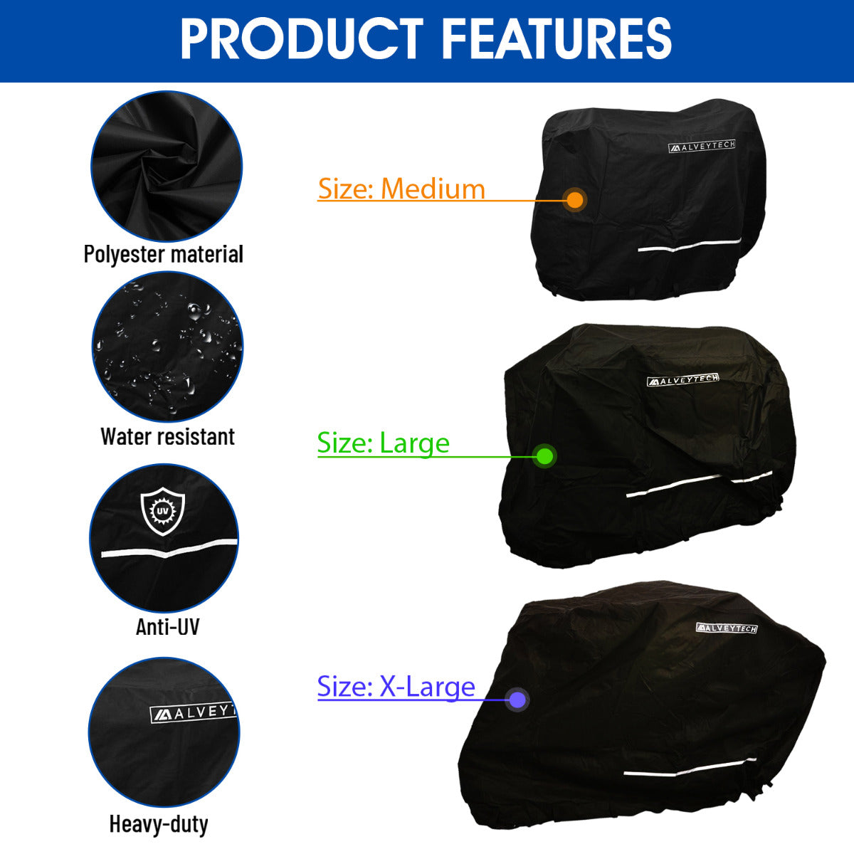 Heavy Duty Weatherproof Cover for Mobility Scooters featuring a black fabric with a white logo and a green dot. Close-up shows water droplets on the robust material. Suitable for various scooter sizes.