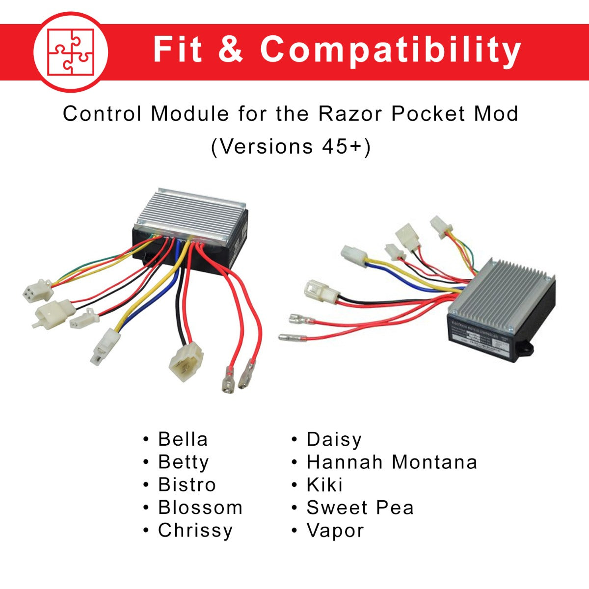 Close-up of ZK2430D-FS Control Module with 4-Wire Throttle Connector for the Razor Pocket Mod, Versions 45+, showing electrical components, colored wires, and connectors.