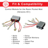 Close-up of ZK2430D-FS Control Module with 4-Wire Throttle Connector for the Razor Pocket Mod, Versions 45+, showing electrical components, colored wires, and connectors.