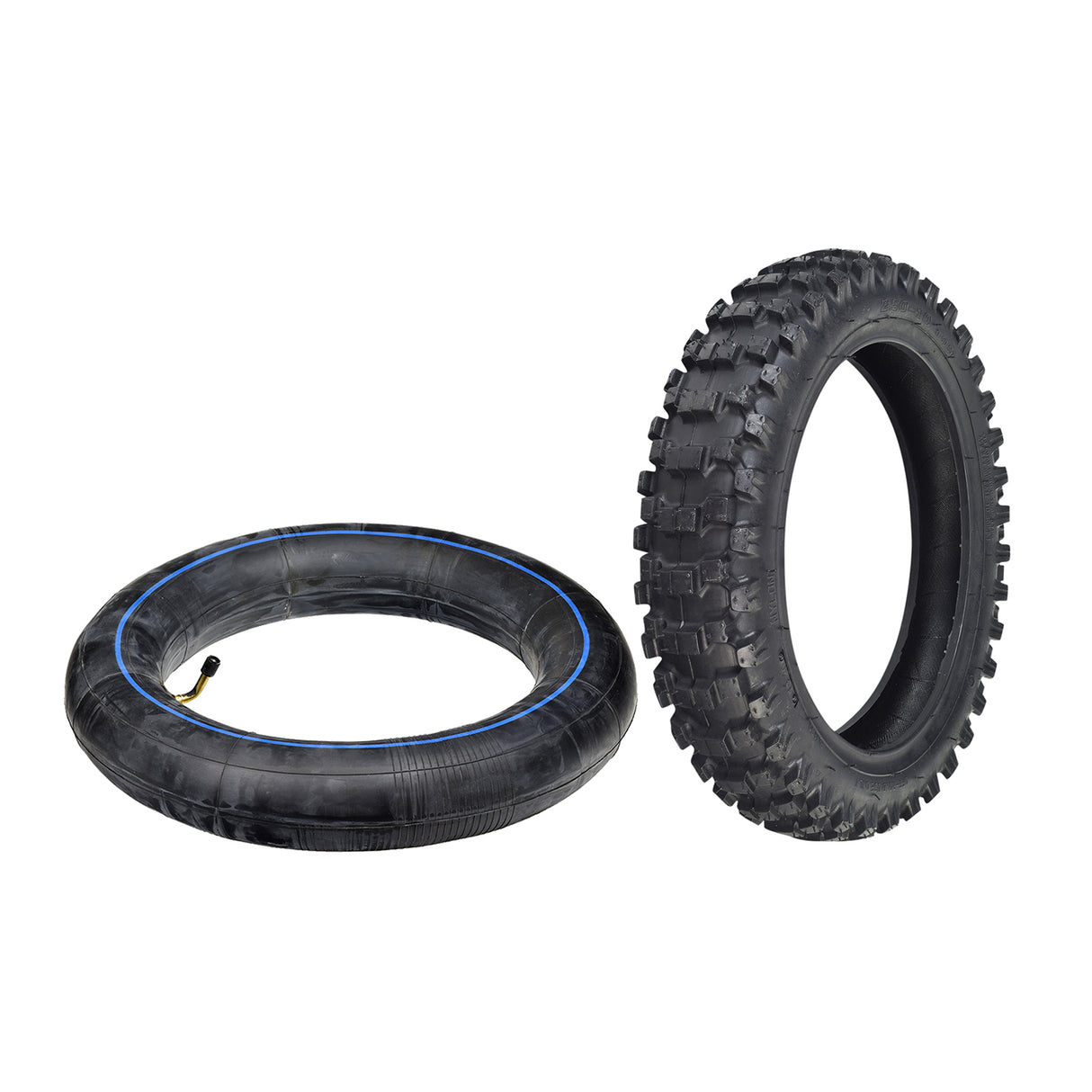 2.50-10 Dirt Bike Tire & Tube Set for the 70cc Coolster QG-210 & 110cc QG-213A, featuring a black rubber tire with detailed treads and an inner tube, suitable for front and rear use.