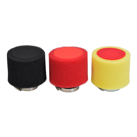 37 mm - 39 mm Straight Foam Air Filter for 125cc-150cc ATVs, Dirt Bikes, Go-Karts, & Pit Bikes displayed in various colors and shapes, highlighting the filter's foam texture and metal base.