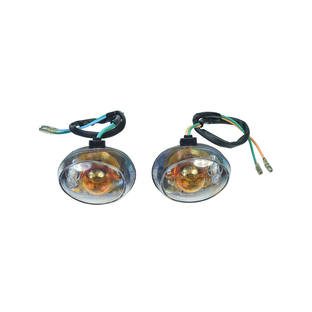 Front Turn Signal for the Baja Sun City (SC150) 150cc Scooter, featuring a pair of round headlights with attached wires, suitable as left or right side replacements.