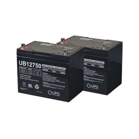 Two black Group 24 (75 Ah) 24 Volt AGM batteries for Golden Eagle (GR595) and Patriot (GR575) scooters, featuring visible white text.