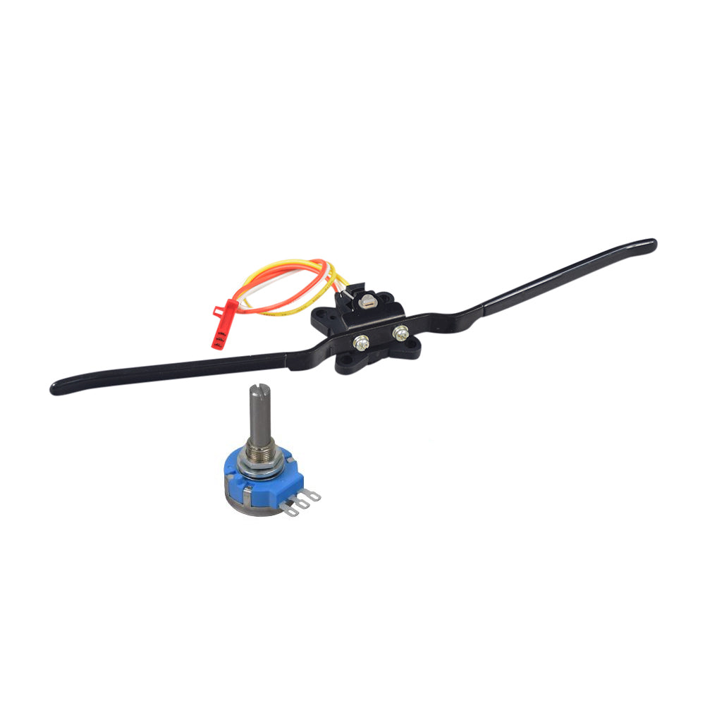 Throttle Potentiometer Assembly for Drive Daytona, Phantom, & Phoenix Mobility Scooters, featuring a black metal handle with yellow wires and a blue component, showcasing the harness and lever assembly.