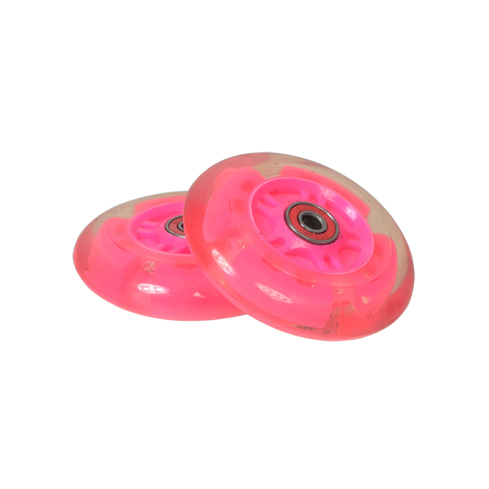 100 mm / 98 mm Replacement Flashing Light LED Kick Scooter Wheels with Bearings (Set of 2), featuring a pair of pink wheels designed to light up in red, green, and blue when spinning.