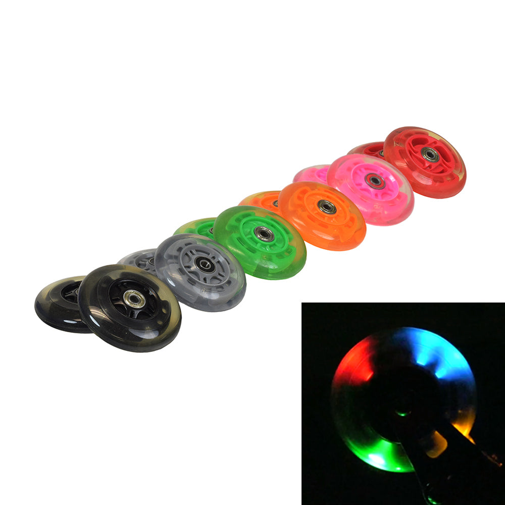 100 mm / 98 mm Replacement Flashing Light LED Kick Scooter Wheel with Bearings (Set of 2) showing colorful illuminated wheels in a row, perfect for enhancing kick scooters with vibrant, spinning lights.