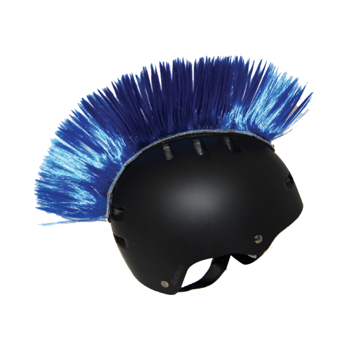 Mohawk Crest for Bike & Scooter Helmets: A black helmet accessory featuring vibrant blue hair on top, designed to attract attention. Suitable for both adults and kids, it easily attaches with Peel 'n Stick tape.