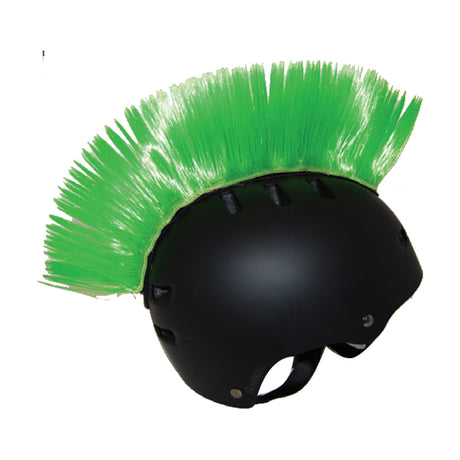 Mohawk Crest for Bike & Scooter Helmets featuring a striking black helmet with a vibrant green mohawk accessory, designed to make riders stand out. Ideal for both adults and kids.