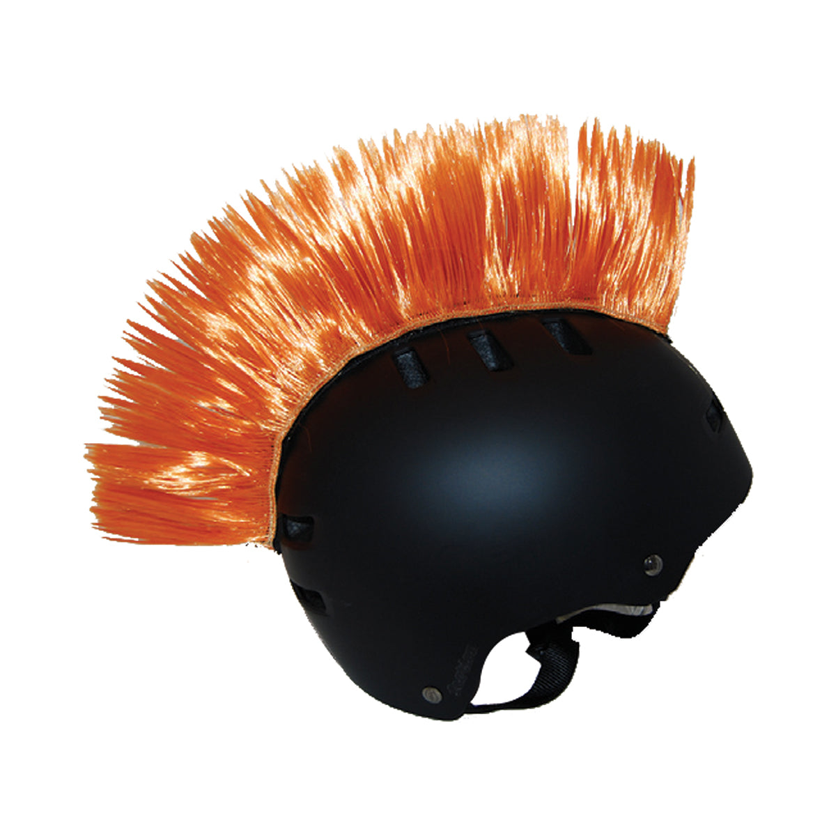 Mohawk Crest for Bike & Scooter Helmets featuring a black helmet with a vibrant orange hair strip on top, designed to make a bold fashion statement for riders.