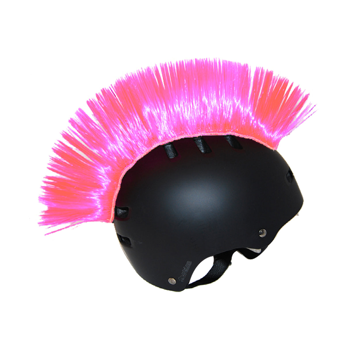 Mohawk Crest for Bike & Scooter Helmets featuring a black helmet with bold pink hair attached, designed to make riders stand out.