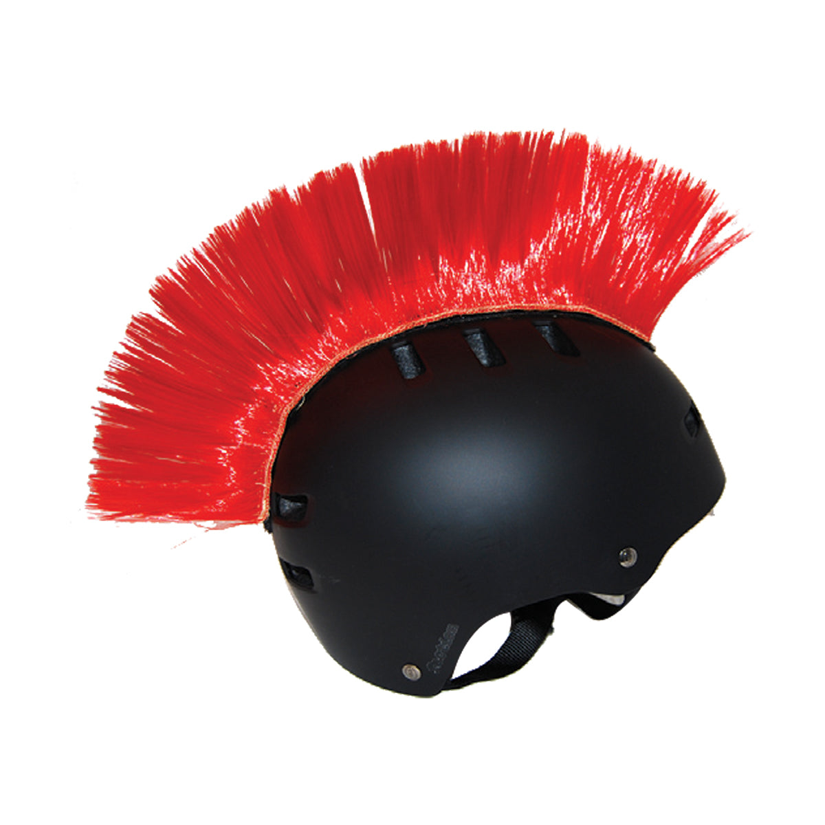 Mohawk Crest for Bike & Scooter Helmets featuring a black helmet with a striking red feathered Mohawk. Ideal for making a bold statement on the road.