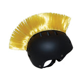 Mohawk Crest for Bike & Scooter Helmets featuring a black helmet with a distinctive yellow mohawk attachment designed to stand out. Ideal for both adults and kids.