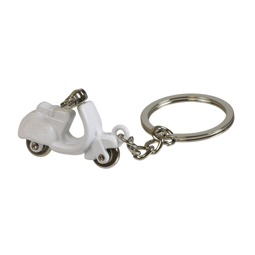 Scooter Keychain featuring a miniature white scooter with a silver bell, attached to a metal ring.