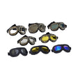 Cruiser Style Scooter Goggles displayed in various colors, designed with an ABS frame, adjustable elastic strap, and foldable feature for easy storage. Ideal for protection against dust, wind, and sun while riding.