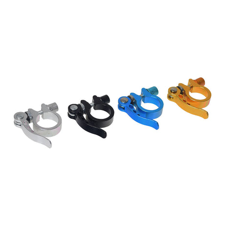 28.6 mm Aluminum Alloy Quick Release Seat Clamp displayed with various metal clamps, highlighting its durable design and functionality for adjustable bike seat height.