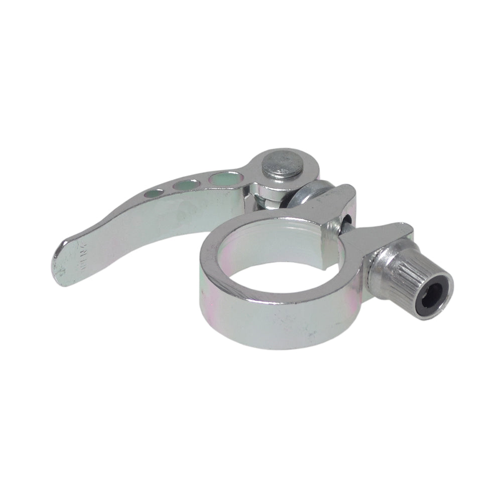 28.6 mm Aluminum Alloy Quick Release Seat Clamp: A close-up of a silver metal seat post clamp with a screw, designed for easy height adjustment on bicycles.